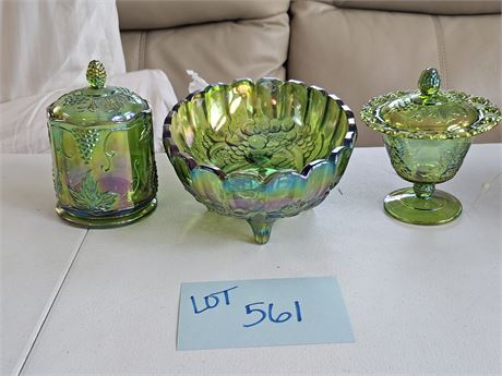 Indiana Glass Green Fruit Bowl & Lidded Candy Dishes