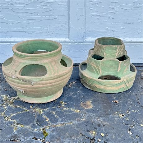 Vintage Green Washed Earthenware Strawberry Pots