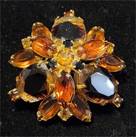 Juliana (DeLizza & Elster) 2" Tiered Smoky Carved Topaz & Amber Floral Brooch