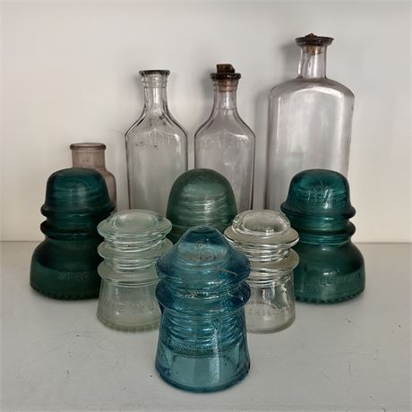Collection of Old Glass Insulators and Bottles