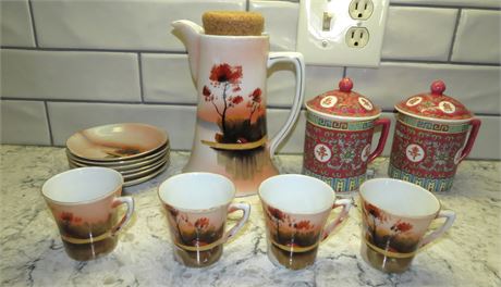 Hand Painted Pitcher, Saucers, Cups, Asian Canisters