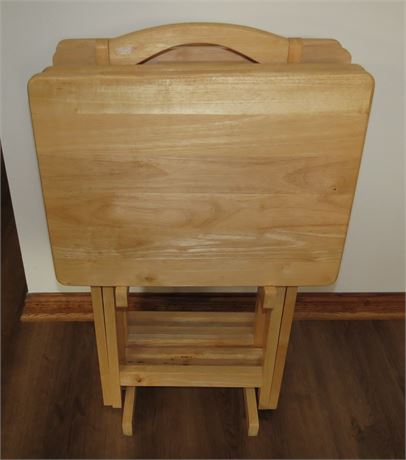 Set Of 4 Wood TV Trays & Stand