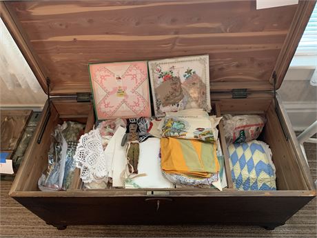 Antique Cedar Chest on Wheels with Contents