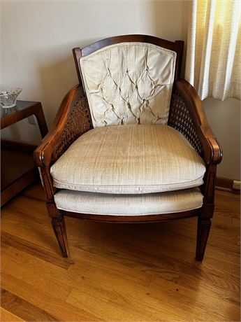 Vtg Upholstered Cane-back Chair