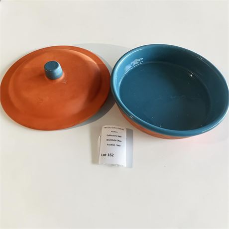 Himark Terracotta Chip Bowl W/Turquoise Glazed Interior & Lid Made in Portugal