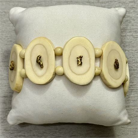Mid-Century REAL GOLD NUGGETS on Vegetable Ivory Stretch Bracelet