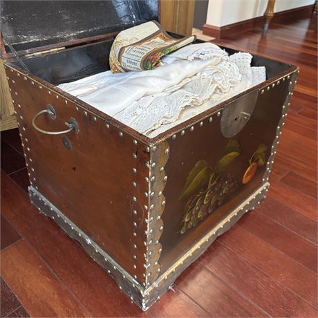 Folk Art Style Chest FILLED w/ Assorted Table and Kitchen Linens