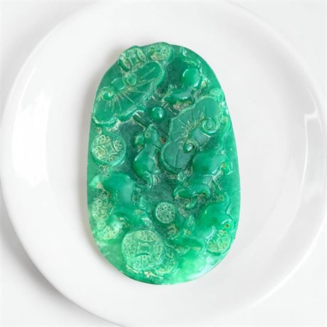 Flat Jade Carved Stone W/Mythical Animals & Symbolic Coins 4" L x 2.5" W