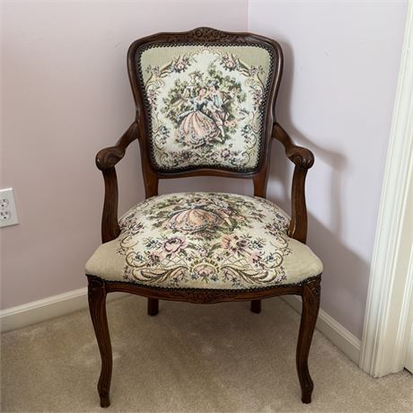 Vintage French Tapestry Chair w/ Nailhead Trim and Carved Wood Details