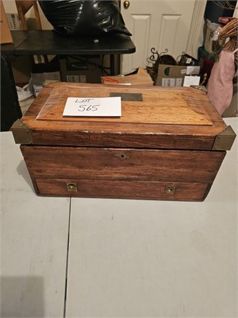 Antique Wood Tea Box With Brass Trim