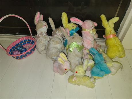 Vintage BJ Toy Co. Easter Rabbits:Glass Eyes, Satin Ribbon, Bendable Ears