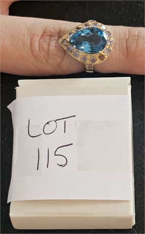 10K Pear-Shaped Blue Topaz Ring with Gem Halo – Surrounding Topaz Size 7.5, 3.2