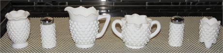 Vintage Fenton Hobnail Milk Glass Shakers, Toothpick Holders, Creamer, Sugar Bow