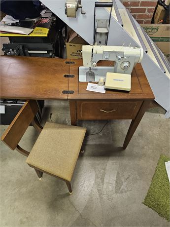 JC Penny Sewing Machine with Cabinet & Penncrest Attachments & Chair