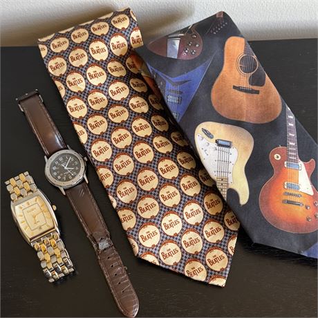 Mens Accessory Cluster - Elgin & Acqua Watches; The Beatles & Ralph Marlin Ties