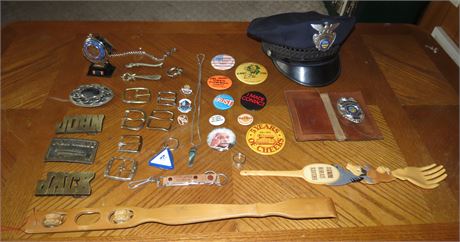 Belt Buckles, Pins, Security Hat, Etc