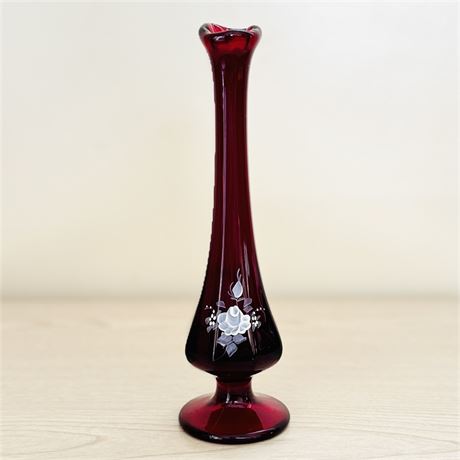 Vintage Fenton Hand Painted Ruby Red Swung Bud Vase - 8.25"T