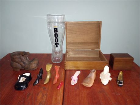 Mixed Lot: Decorative Shoes, Glass Boot, Shoe Music Box, etc