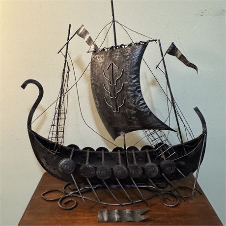 Large Tin Metal Viking Ship - 23" x 25"