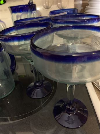 Hand Blown Blue Glass Margarita Set From Mexico Pitcher and Glasses