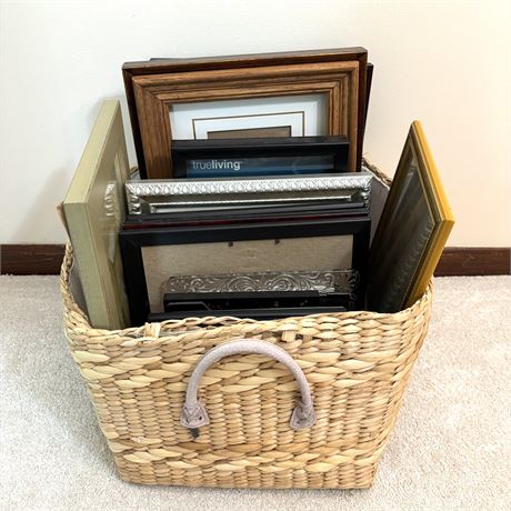 Woven Basket Full of New Picture Frames (Wooden, Metal, Glass)