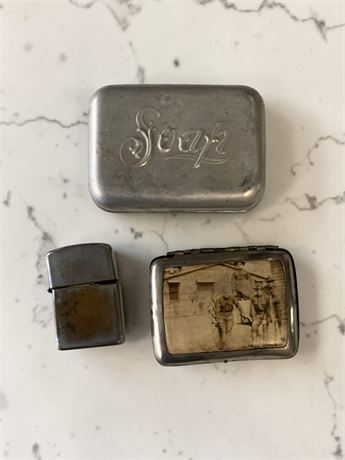 Military Collectible Lot - Vintage Metal Soap Holder, Cigarette Case & Lighter