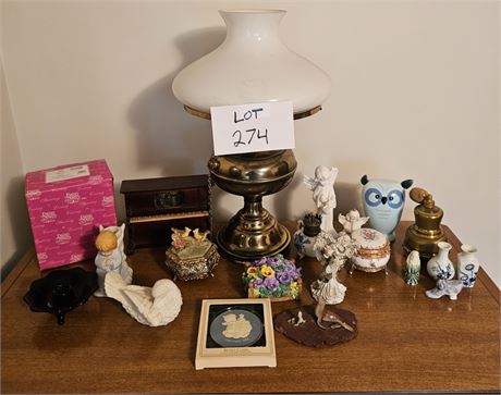 Mixed Decor Lot- Brass Table Lamp, Candle Holders, Music Boxes, Trinket Boxes &