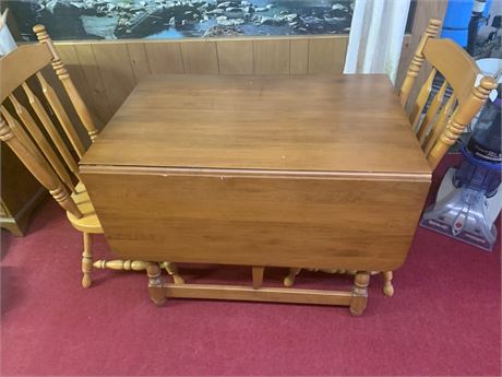 Vintage Maple Spindle Gateleg Table W/ Drop Sides & Two Spindle Back Chairs