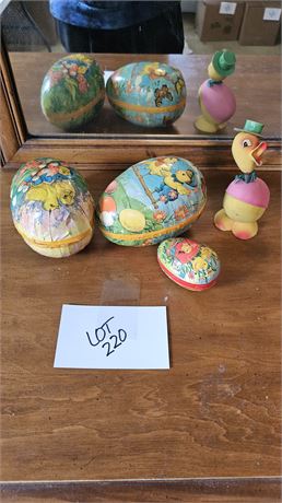 Vintage Easter Paper Mache Candy Container Eggs & Nodder Duck