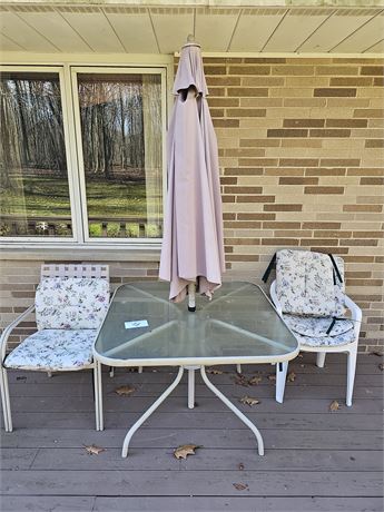 Outdoor Glass Top Table w/Umbrella & Standard Size Mixed Chairs