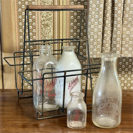 Large, Rustic Metal Bottle Carrier & Ashland Dairy Bottles