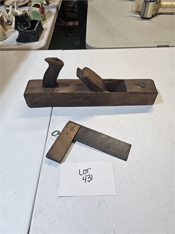 Large Antique Wood Plane & Small Square