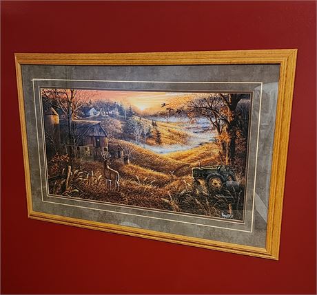 Beautifully Framed R Mertes Artwork " Three's a Crowd Deer Farm"