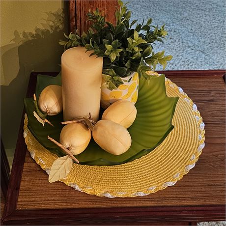 Decorative Lemon Decor w/Frosted Green Glass Footed Tray