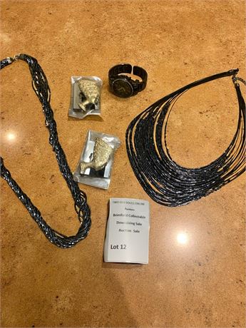 Ladies Platinum Black Geneva Wrist Watch, Nefertiti Brooches, Beaded Necklaces