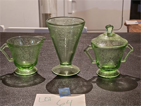 Depression Glass Uranium Sugar & Creamer & Footed Tumbler