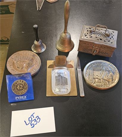 Office Decor Lot: Brass Embossed Box, Bells, Metal Paper Weights, & More