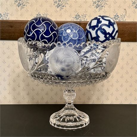 Large Crystal Pedestal Bowl Filled w/ Chinoiserie Inspired Porcelain Spheres