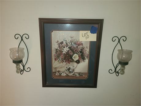 Beautiful Floral Print with Country Blue Matted Trim & Metal & Glass Sconces