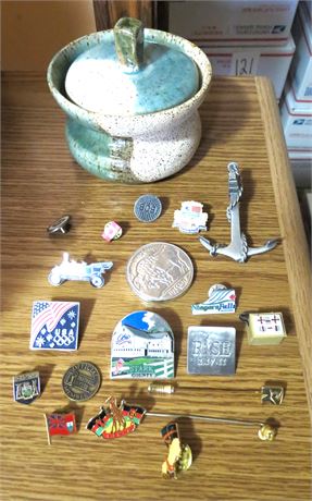 Pottery with Various Collectors Pins