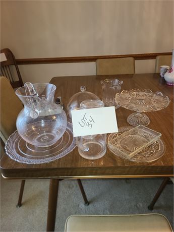 Mixed Clear Glass: Cake Plate/Pitcher/Covered Cheese/Juice Pitcher/Vase & More