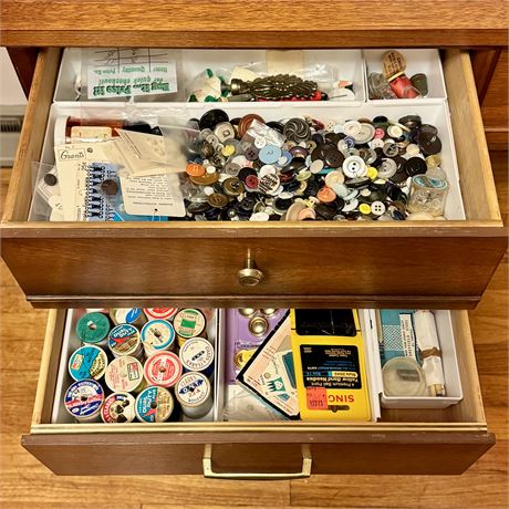 2 Drawer Sewing Notions Cleanout - Buttons, Thread, Etc.