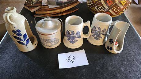 PFALTZGRAFF EAGLE MUGS, CHEESE CROCK & WILLIAMSBURG CANDLE HOLDERS