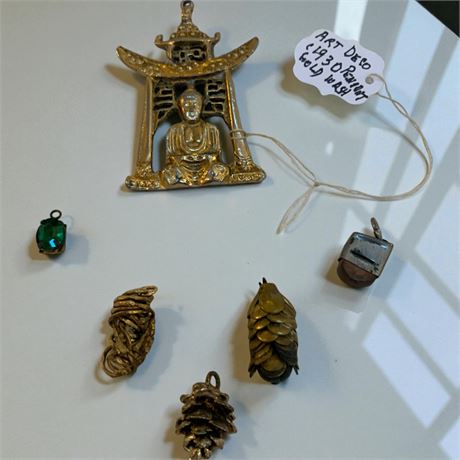 1930s Gold Wash Finish Buddha Torii Gate Pendant, Pinecone Pendants