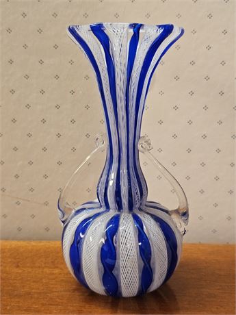 Murano Blue & White Zanfirico Aventurine Applied Double Handled Vase