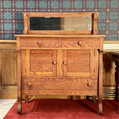 Antique Victorian Era Tiger Oak Sideboard on Casters - 41.25 x 19.25 x 50.5"H