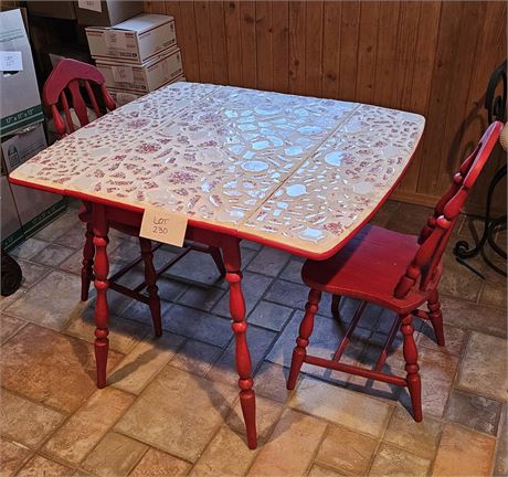 Antique Painted Red Wood Table with Ceramic Top & Two Chairs