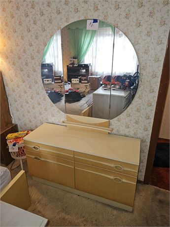 MCM Blonde Wood Dresser & Round Mirror