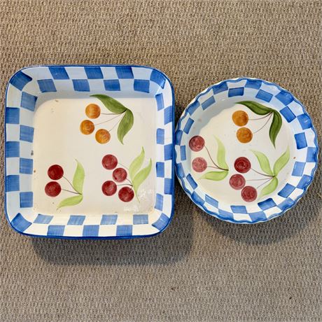 Vintage Hand Painted Matching Ceramic Pie Plate and Cake Pan
