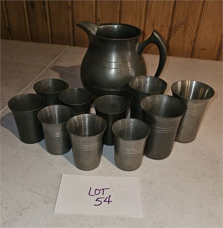 Vintage Pewter Pitcher With Beverage & Juice Glasses